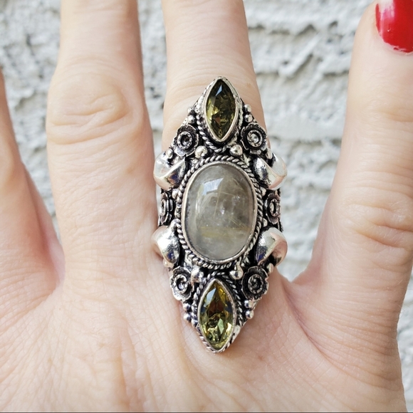 New Golden Rutile and Citrine Crescent Moon 925 Silver Statement Ring. - Picture 13 of 16